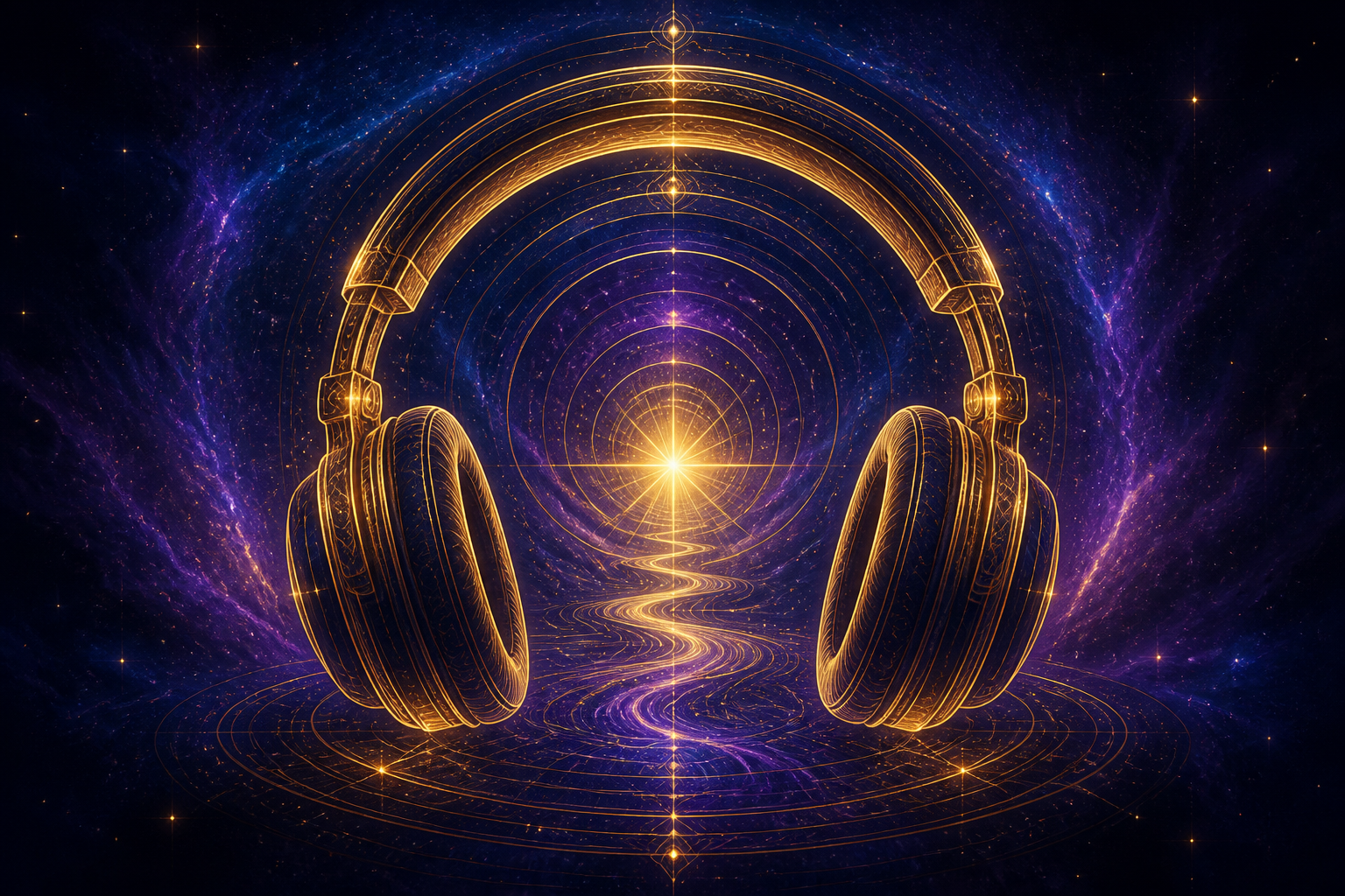 Sessões Gravadas — fones dourados no cosmos
